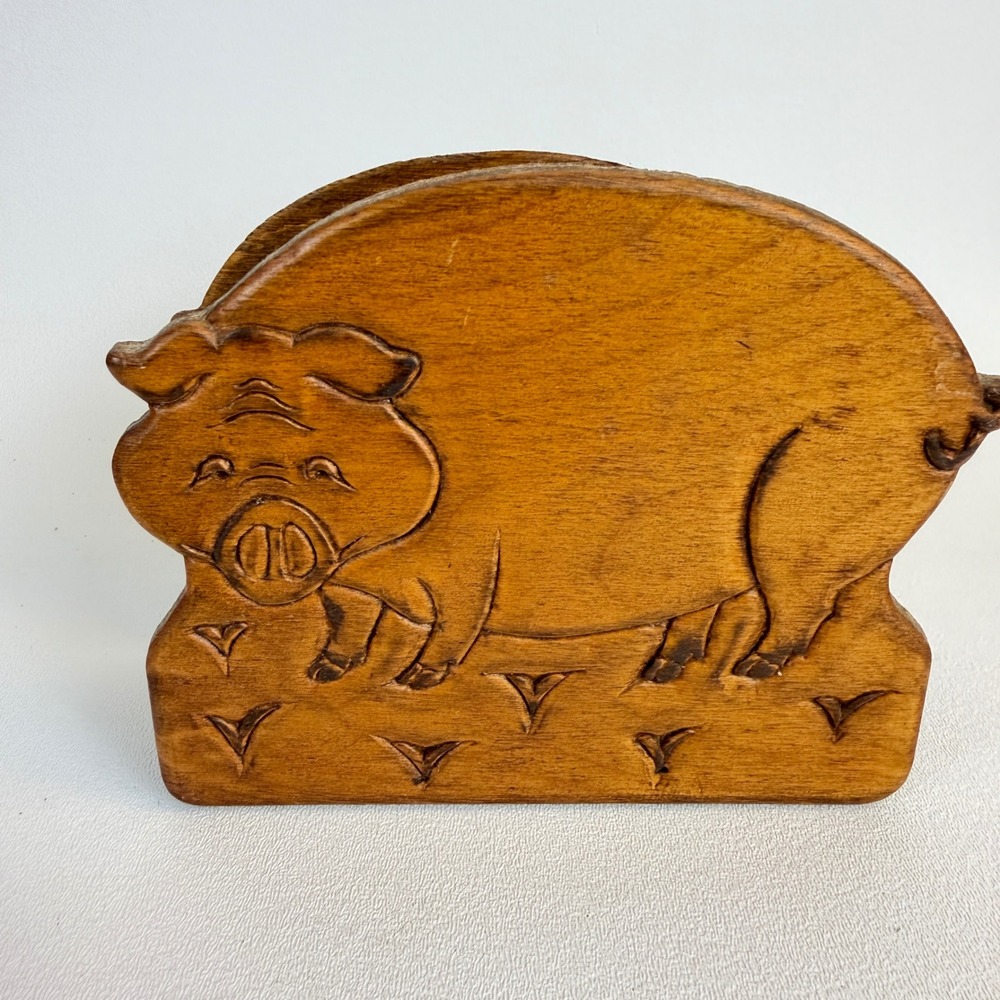 Wooden Napkin or Letter Holder Pig Hand Carved Farmhouse Rustic Kitchen Decor